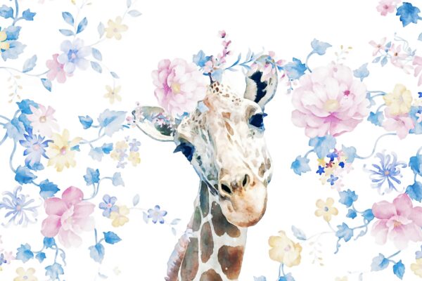 Fotobehang Giraffe omringd door pastelkleurige bloemen