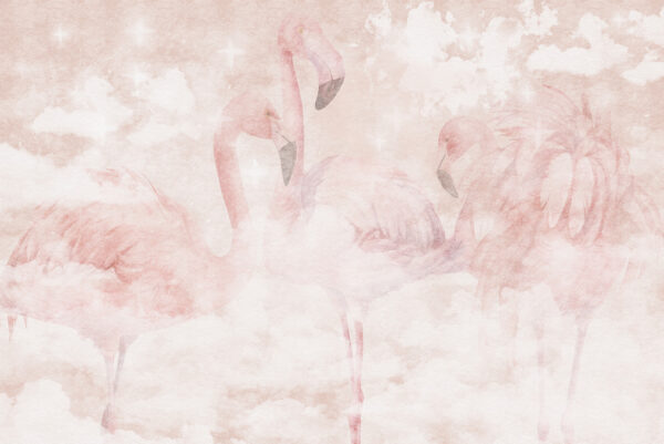 Fotobehang Pastelkleurige flamingo's in de wolken