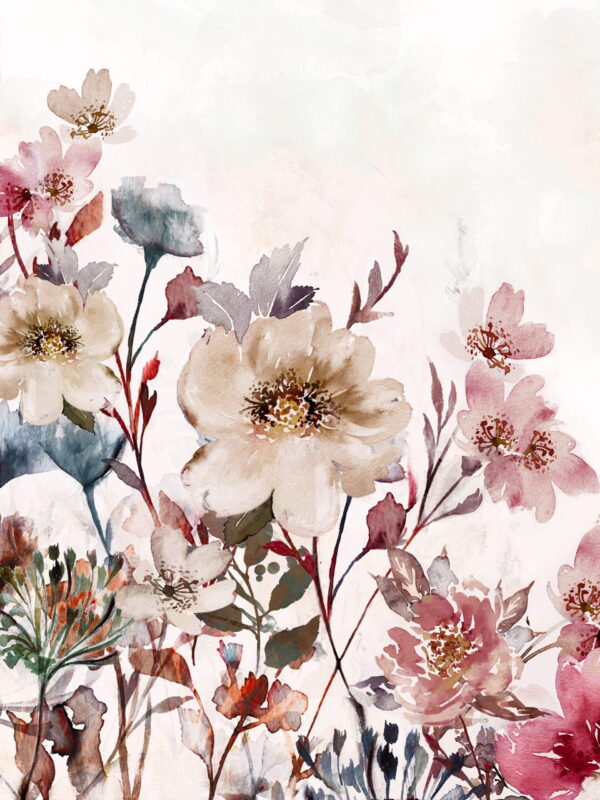Fotobehang Een aquarel van een tuin met subtiele bloemen.