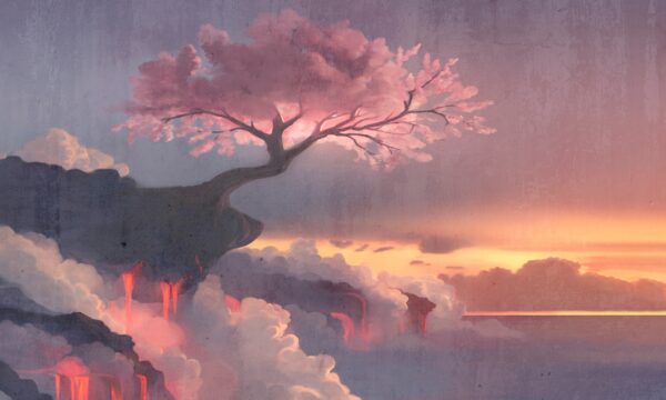 Fotobehang Roze boom boven de wolken