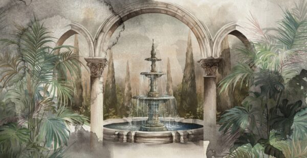Fotobehang Oude tuin met fontein