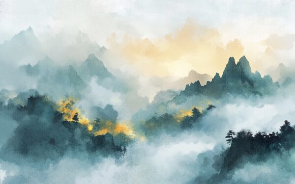 Fotobehang Achter de mist van de bergtoppen